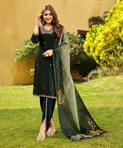 Olive Green Dola Silk Designer Salwar Kameez