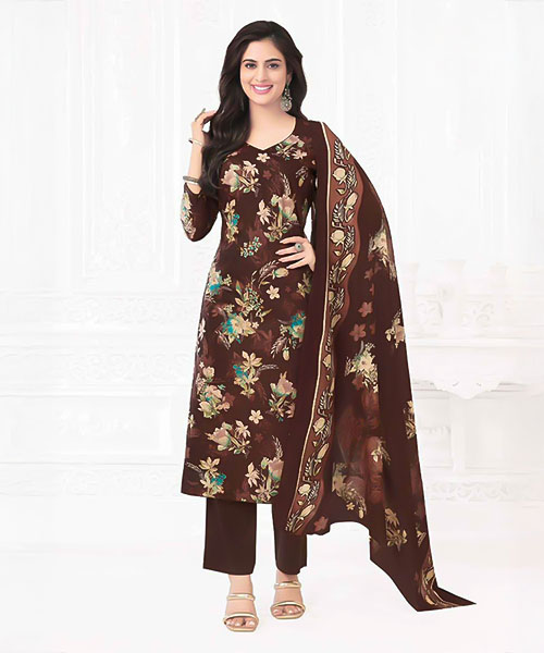Brown Cotton Printed Salwar Kameez