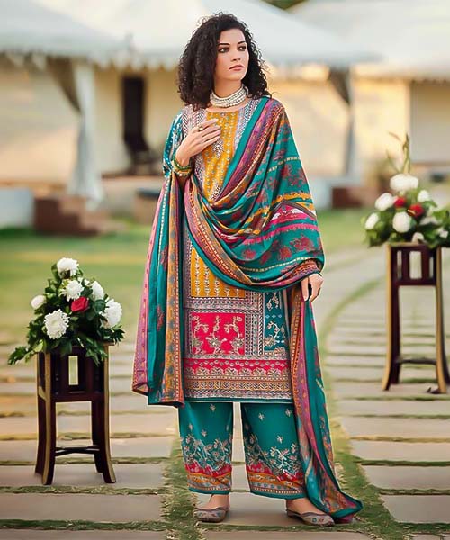 Cyan Viscose Rayon Printed Salwar Kameez in mumbai