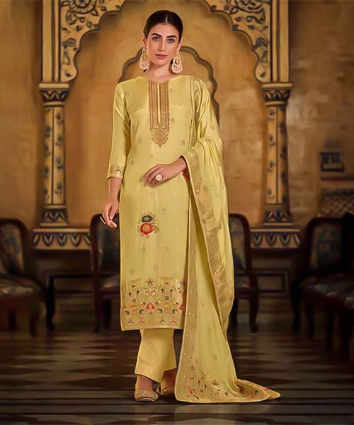 Yellow  Viscose Muslin Jacquard Casual Wear Salwar Kameez in delhi