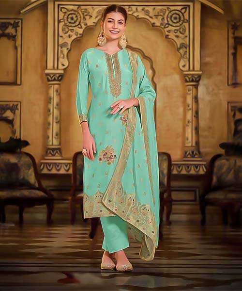 Cyan Viscose Muslin Jacquard Casual Wear Salwar Kameez in delhi