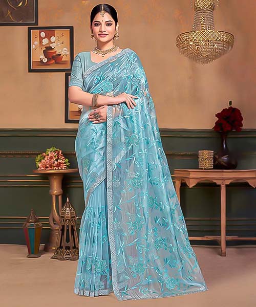 Sky Blue Resham  Designer Saree