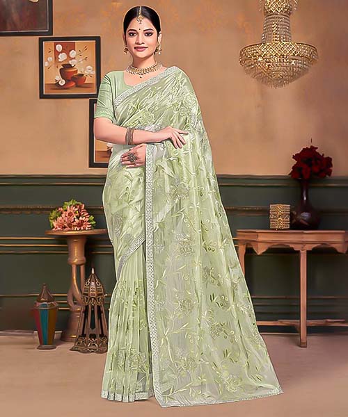 Mint Green Resham  Designer Saree