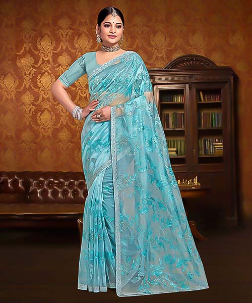 Blue Resham  Designer Saree