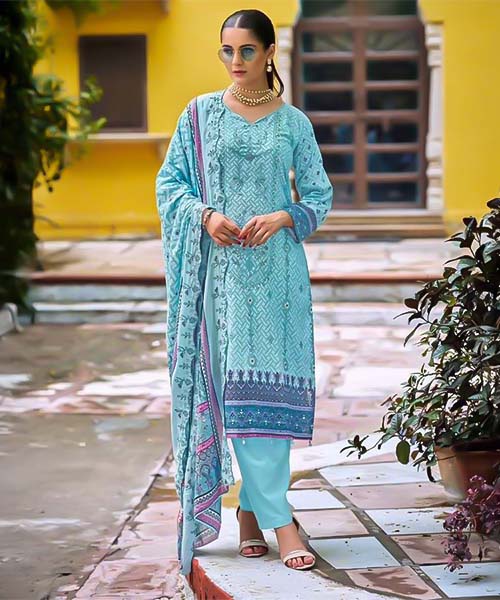 Blue Lawn Cotton Casual Wear Salwar Kameez in chester
