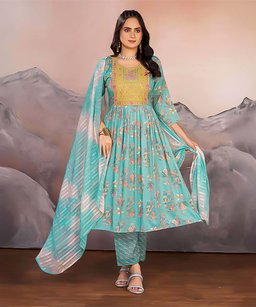 Cyan  Rayon Casual Wear Salwar Kameez