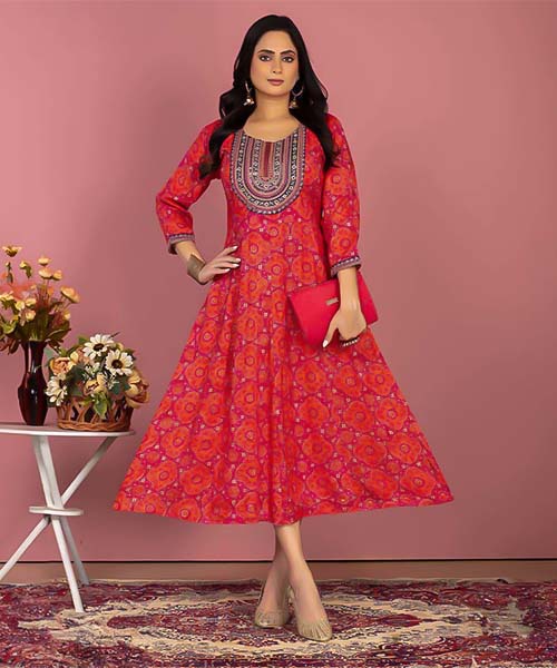Orange  Rayon Printed Kurti