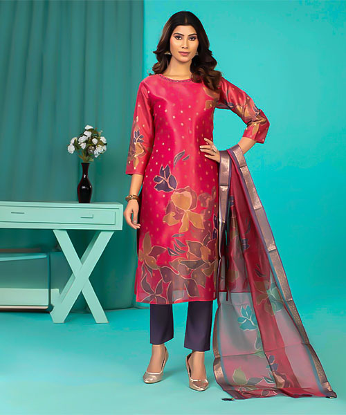 Red Dobby Silk Printed Salwar Kameez in delhi