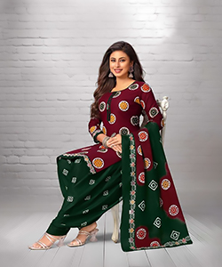 Green & maroon Cotton Printed Suit