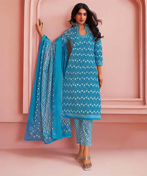 Sky Blue Cotton Printed Salwar Kameez in cardiff