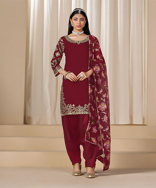 Red  Chanderi Silk Casual Wear Salwar Kameez