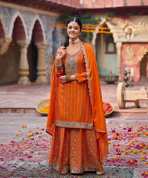 Orange  Chinon  Designer Salwar Kameez