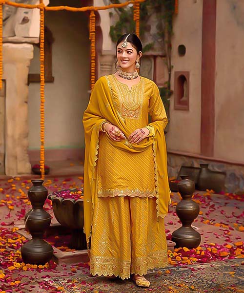 Yellow Chinon Silk Designer Salwar Kameez