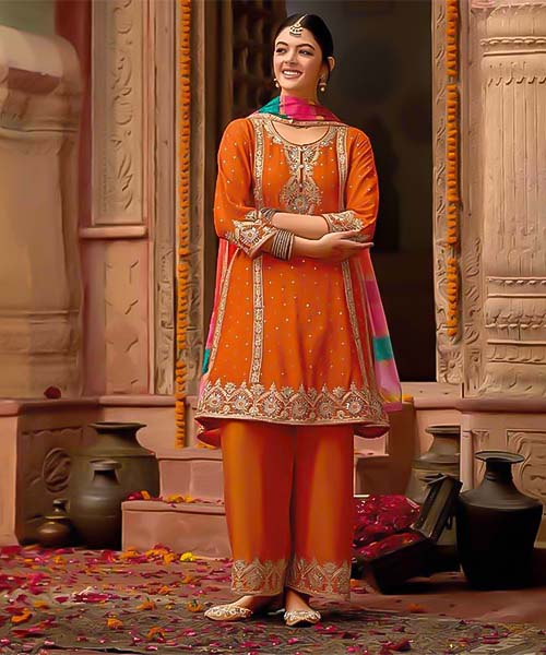 Orange Chinon Party Wear Salwar Kameez in delhi