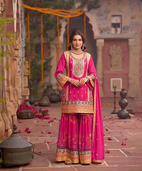 Magenta  Chinon Designer Salwar Kameez