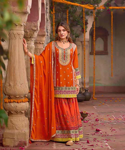 Orange Chinon Designer Salwar Kameez