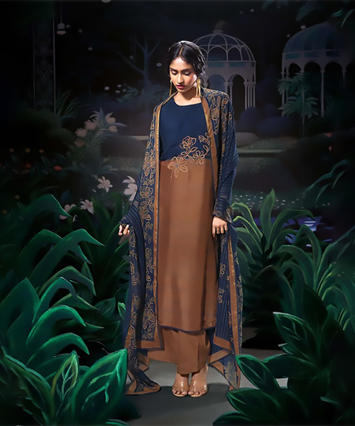 Brown & blue Silk Designer Suit