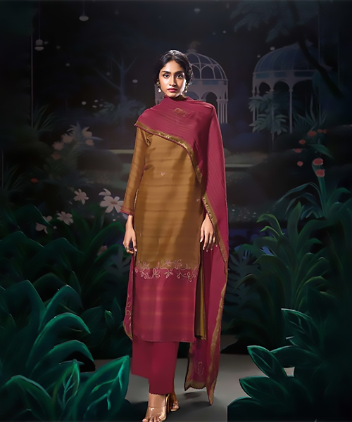 Brown & pink Silk Designer Suit