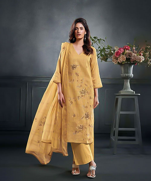 Yellow  Linen Cotton Party Wear Salwar Kameez