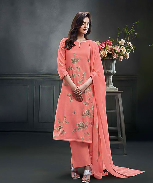 Orange Linen Cotton Party Wear Salwar Kameez