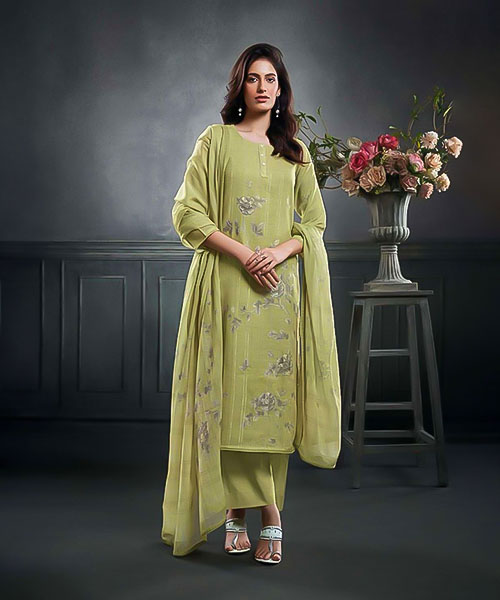 Green Linen Cotton Party Wear Salwar Kameez