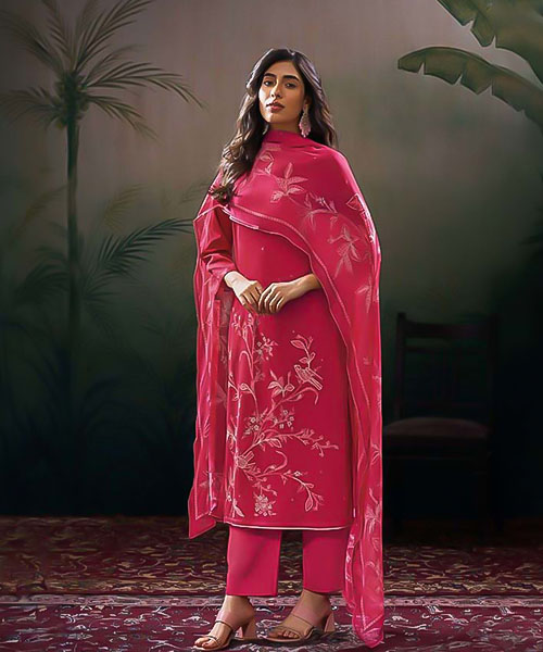 Red  Cotton Satin Party Wear Salwar Kameez