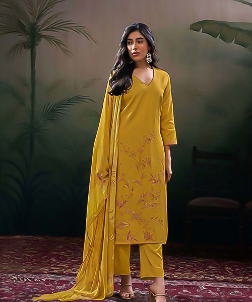 Yellow Cotton Satin Party Wear Salwar Kameez