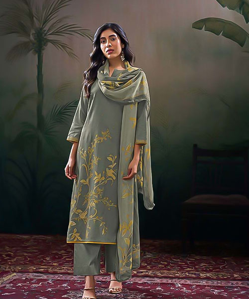 Grey Cotton Satin Party Wear Salwar Kameez