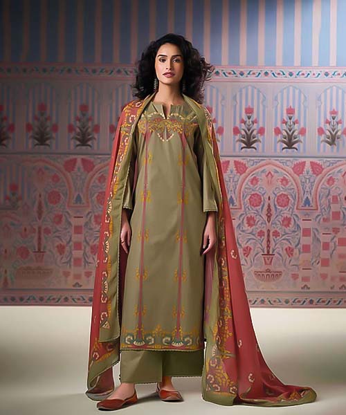 Olive Green Cotton Party Wear Salwar Kameez