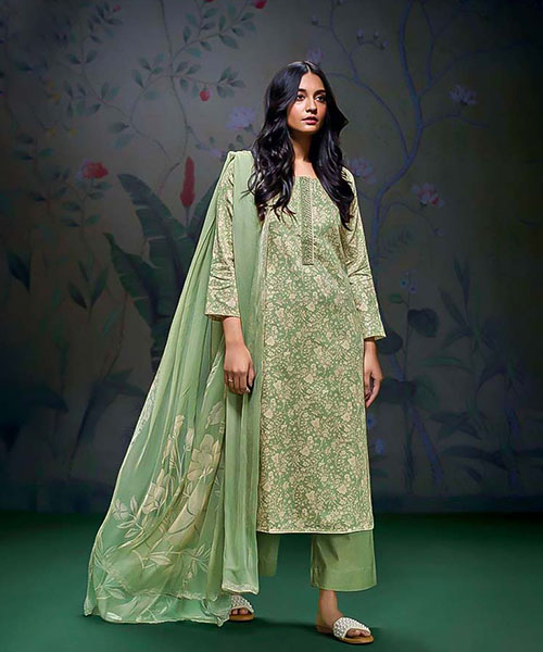 Green Cotton Printed Suit