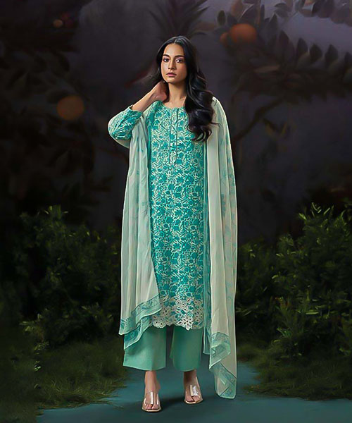 Cyan Cotton Party Wear Salwar Kameez