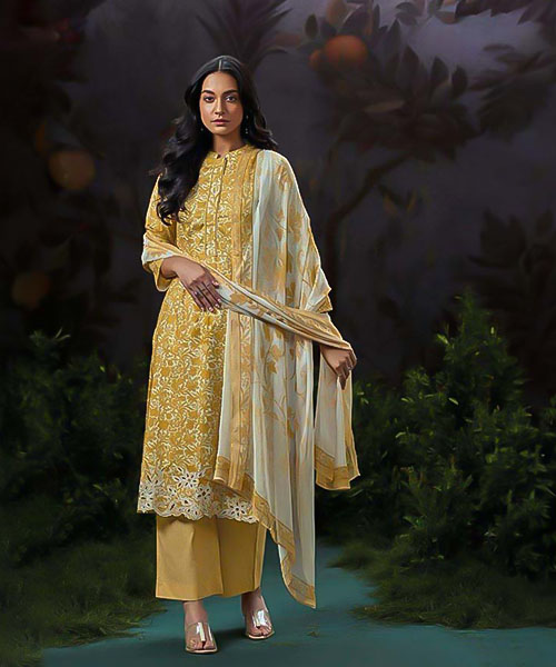 Yellow Cotton Party Wear Salwar Kameez