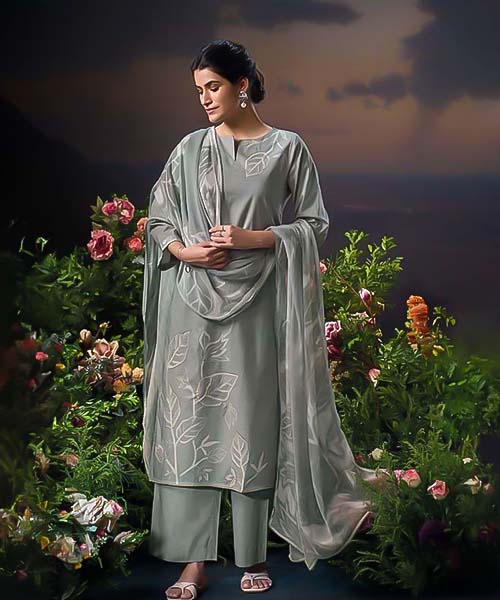 Grey Cotton Party Wear Salwar Kameez