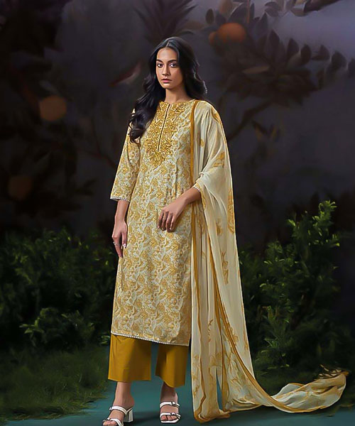 Yellow  Cotton Party Wear Salwar Kameez