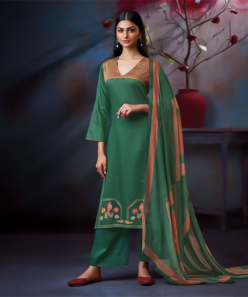 Green  Cotton Satin Casual Wear Salwar Kameez