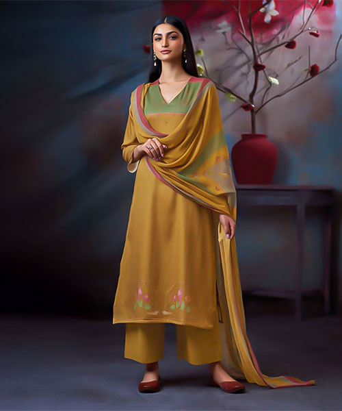 Yellow Cotton Satin Casual Wear Salwar Kameez