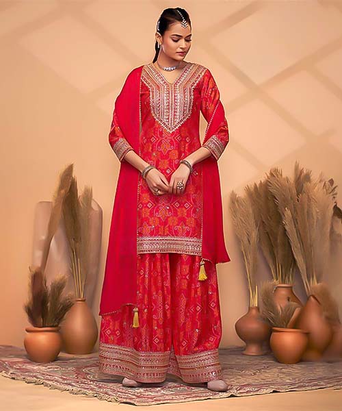 Red Chinon Party Wear Salwar Kameez in delhi