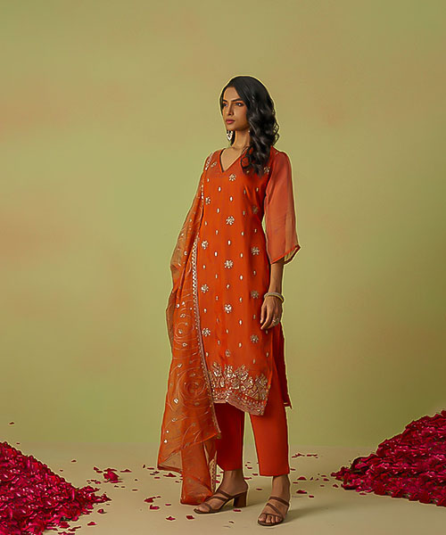 Orange Shimmer Organza Designer Kurti