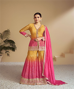 Yellow & Pink Chinon Designer Suit