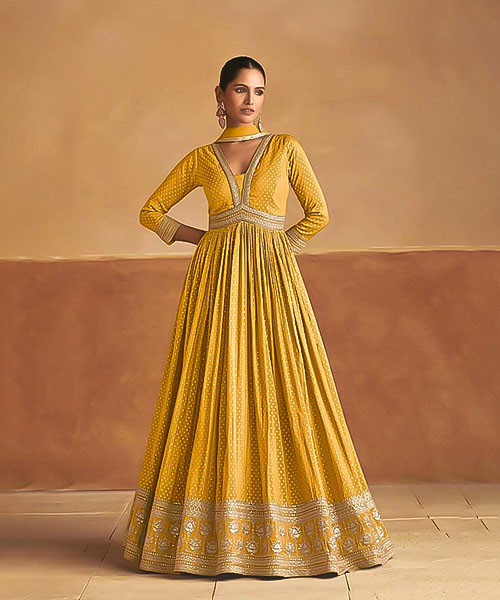 Yellow  Viscose Silk Designer Salwar Kameez