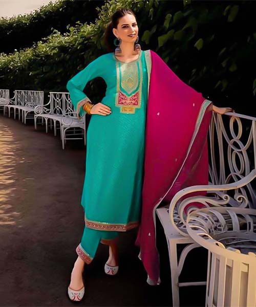 Sky Blue Bemberg Russian Silk Party Wear Salwar Kameez in detroit