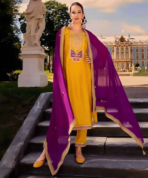 Yellow Bemberg Russian Silk Party Wear Salwar Kameez in detroit