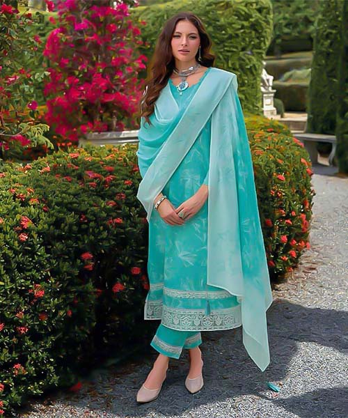 Sky Blue Cambric Cotton Casual Wear Salwar Kameez in delhi