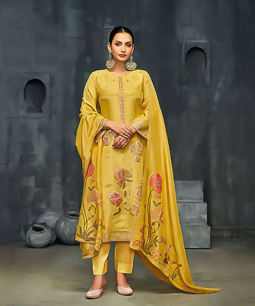 Yellow  Silk Simar Jacquard Party Wear Salwar Kameez