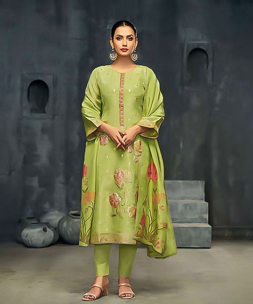 Green Silk Simar Jacquard Party Wear Salwar Kameez