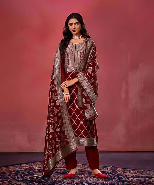 Red  Silk Jacquard Party Wear Salwar Kameez