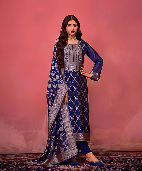 Blue Silk Jacquard Party Wear Salwar Kameez