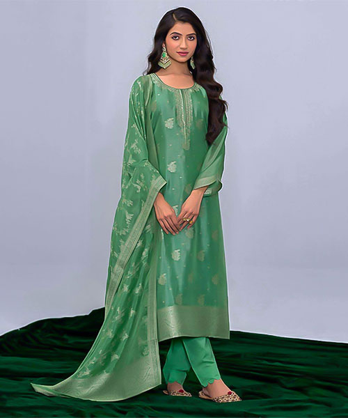 Green Kosa Silk Jacquard Party Wear Salwar Kameez in delhi