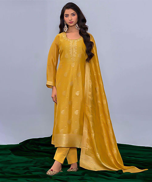 Yellow Kosa Silk Jacquard Party Wear Salwar Kameez in delhi