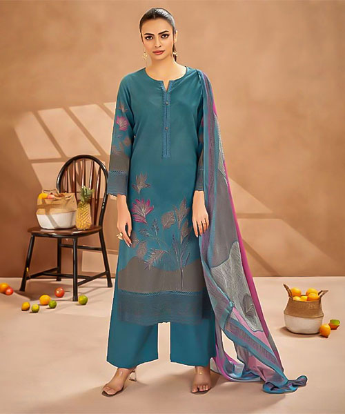 Blue Cotton Cambric Party Wear Salwar Kameez in delhi